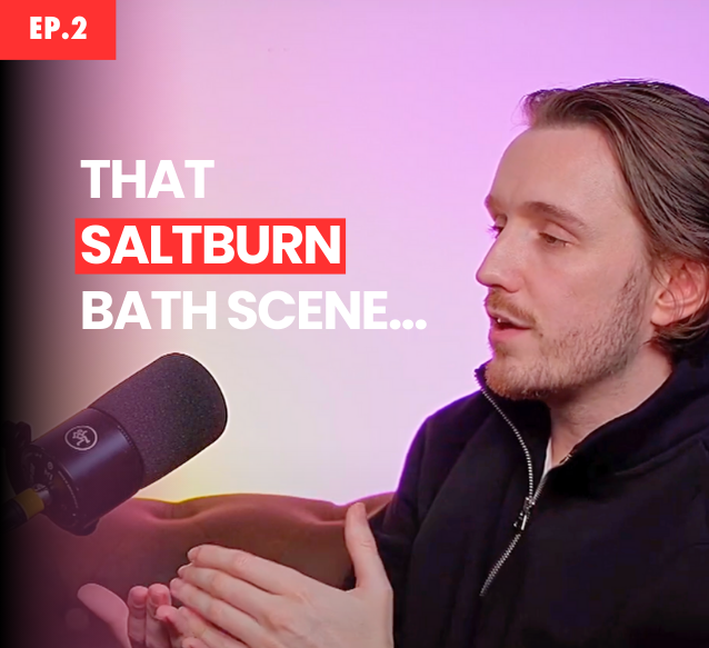 A man in a black jumper speaks animatedly into a microphone, text on the screen says 'That Saltburn bath scene'